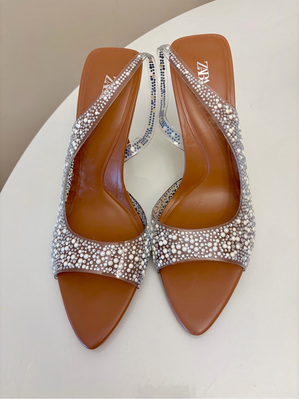 Zara Vinyl Embellished Pearl Slingback Sandals. Size 38. Worn once!